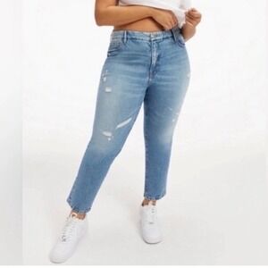 Good American Classic Straight Leg High Rise Jeans 10/30 Light Blue Distressed